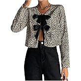 GORGLITTER Women's Leopard Bow Tops Shirt Cheetah Tie Front Long Sleeve V Neck Coquette Blouse