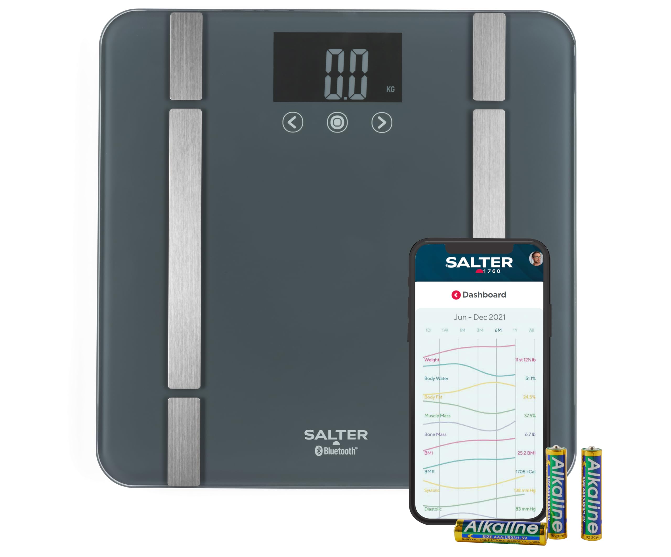 Salter SA00432GFEU6 Bathroom Smart Scale – Bluetooth Digital Scale, 200kg, Measure Weight, Body Fat/Water, Muscle/Bone Mass, BMI/BMR, 8 User Memory, Connect to Phone with Free Salter Health App, Grey