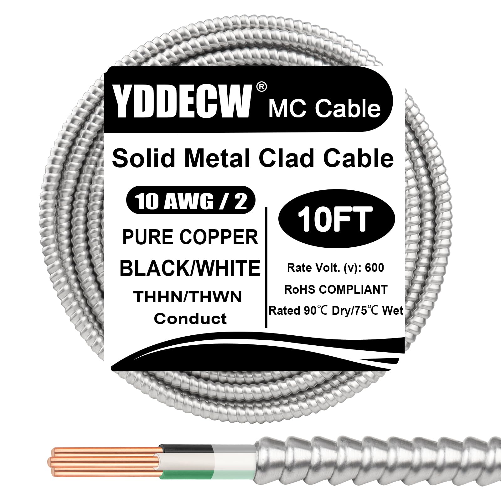 View 1 of 10ft 10/2 Metal Clad (MC) Cable with Ground, 10 Gauge Electric Wire with Aluminum Armor, Solid Bare Copper Conductors for Indoor Outdoor Underground Embedded Installation (10/2, 10 ft)