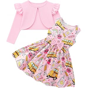 Enlifety Toddler Girls Dress with Cardigan 2 Piece Casual Outfit Size 2-6T | Dress set with ruffle sleeves, bow detail and ma