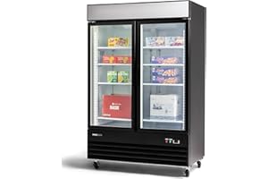 PeakCold 2-Door Upright Display Freezer - 45 Cubic Ft, 53.1" Wide, Double-Paned & Heated Glass Door Freezer with Auto-Defrost, LED Lighting & Customizable Lightbox - Commercial Merchandiser