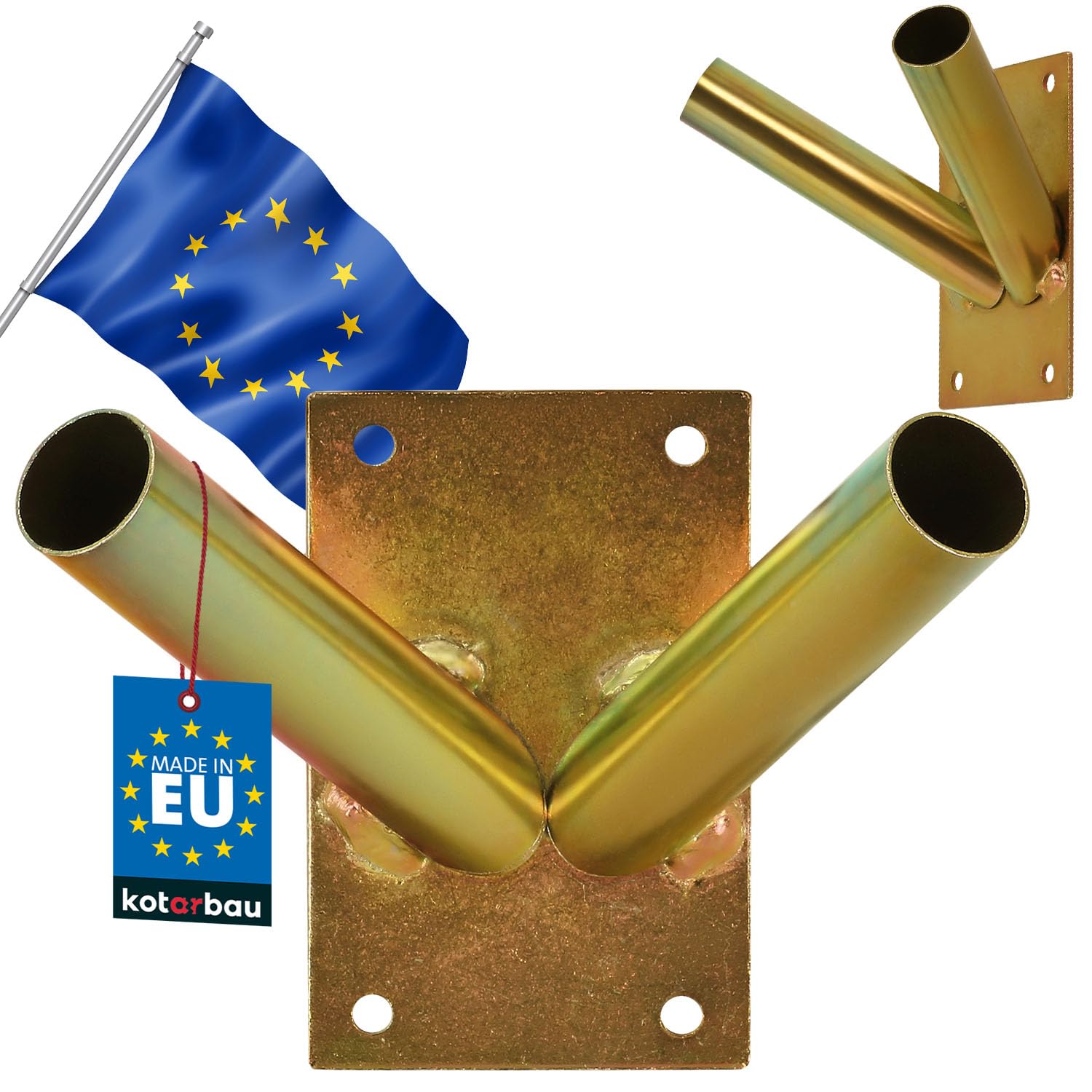 KOTARBAU® Flag Holder 2-Way Screw-On Flag Pole Holder Flag Holder Flag Pole Bracket Handle Wall Mounting Hot-Dip Galvanised Yellow