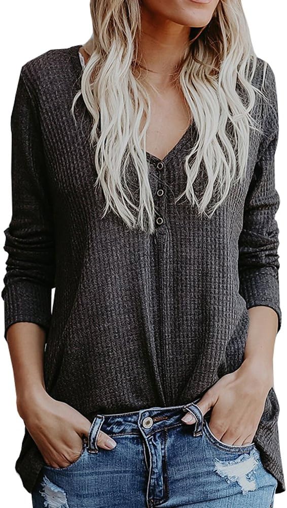 Beautife Womens Henley Shirts Fall V Neck Button Long Sleeve Loose Casual Knit Sweaters Tops