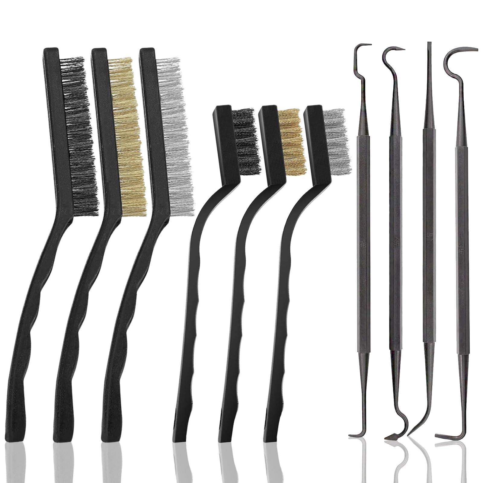 6pcs Wire Brush, Brass Brush With 4 Double-Ended Hook Brushes, Metal Brush - Nylon/Stainless Steel/Brass Bristles, Wire Brush Set For Cleaning Dirt And Rust (7/9 Inch)