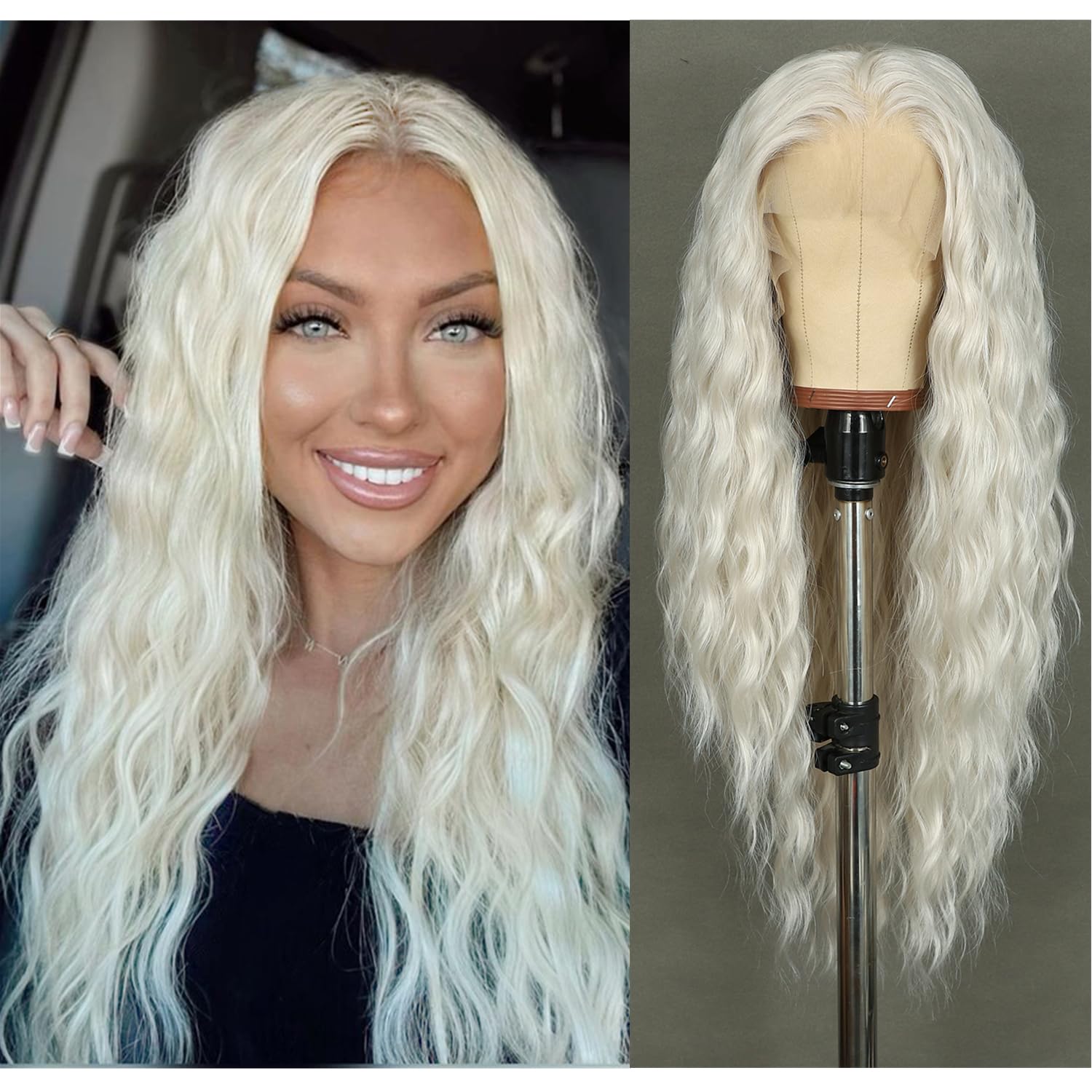 Sapphirewigs Synthetic Lace Front Wig Platinum Grey 13x4 Loose Wavy Wigs for Women Long Hair Christmas Halloween Heat Resistant 26 inch