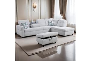 GlasFlength L Shaped Sectional Couch with Storage Ottoman, Modern Nailhead Comfy Lounge Sofa with Reversible Cup Holder & Chaise, 97" 4 Seat Modular Sofá for Living Room Apartment, Light Grey