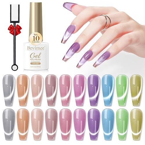 Bevimee Moonlight Cat Eye Gel Nail Polish Set 10 Colors Magnetic Cateye Gel Polish Shimmer Glitter Mirror Glass Pink Purple Green UV Gel Polish Holographic for Nail Art Manicure DIY at Home Salon