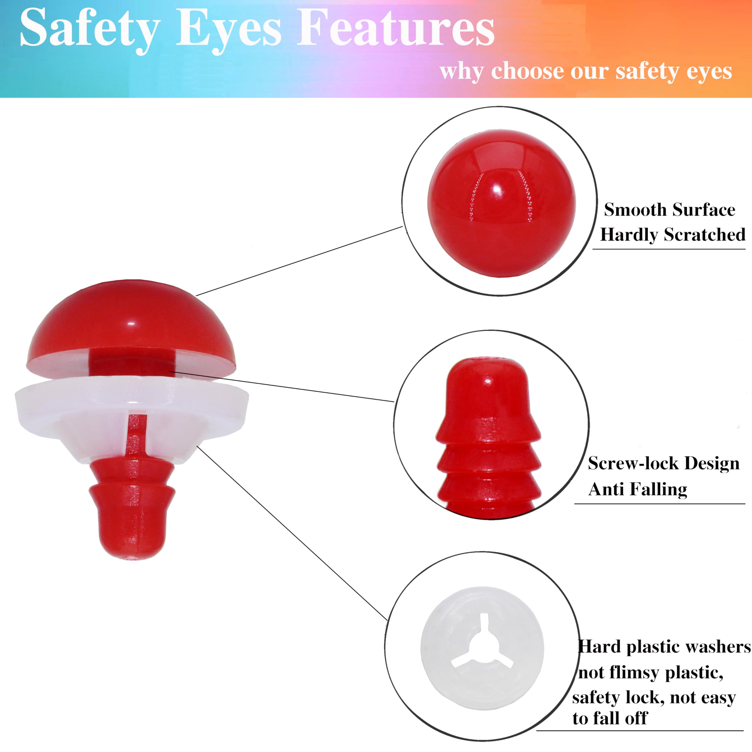 BESTCYC 1Box(80pcs) Red Plastic Safety Eyes,3Different Size Threaded Design Craft Eyes with Washers for DIY Making and Repair Making of Amigurumi Stuffed Animal,Doll,Toy, Crochet, Supplies