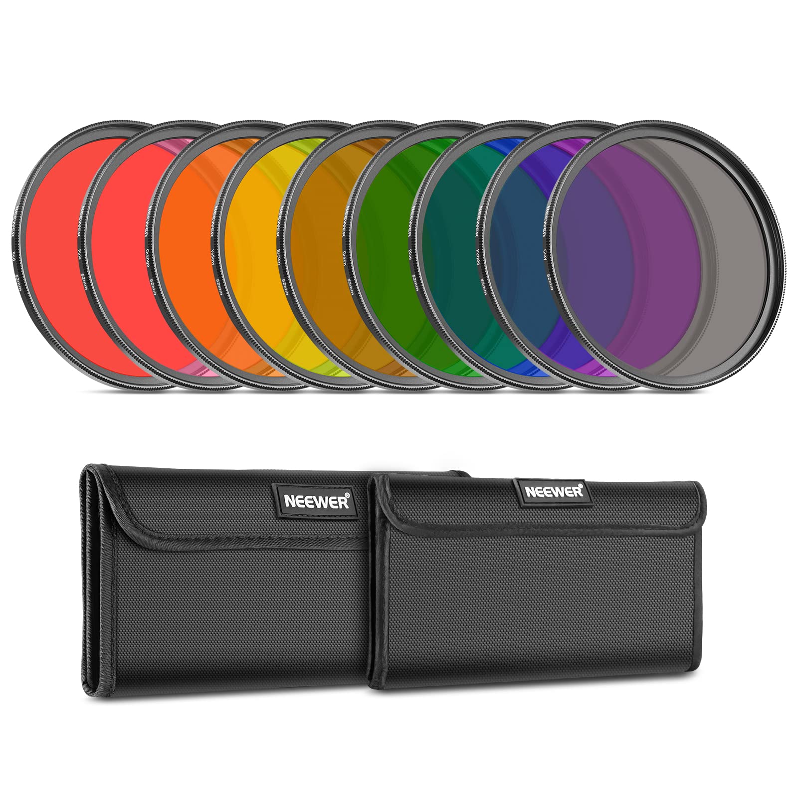 Neewer 9PCS Full Color Lens Filter Set, 52mm Resin Lens Filters with Red, Orange, Blue, Yellow, Green, Brown, Purple, Pink, Gray Color Available with 2 Pouches, Camera Lens Accessories