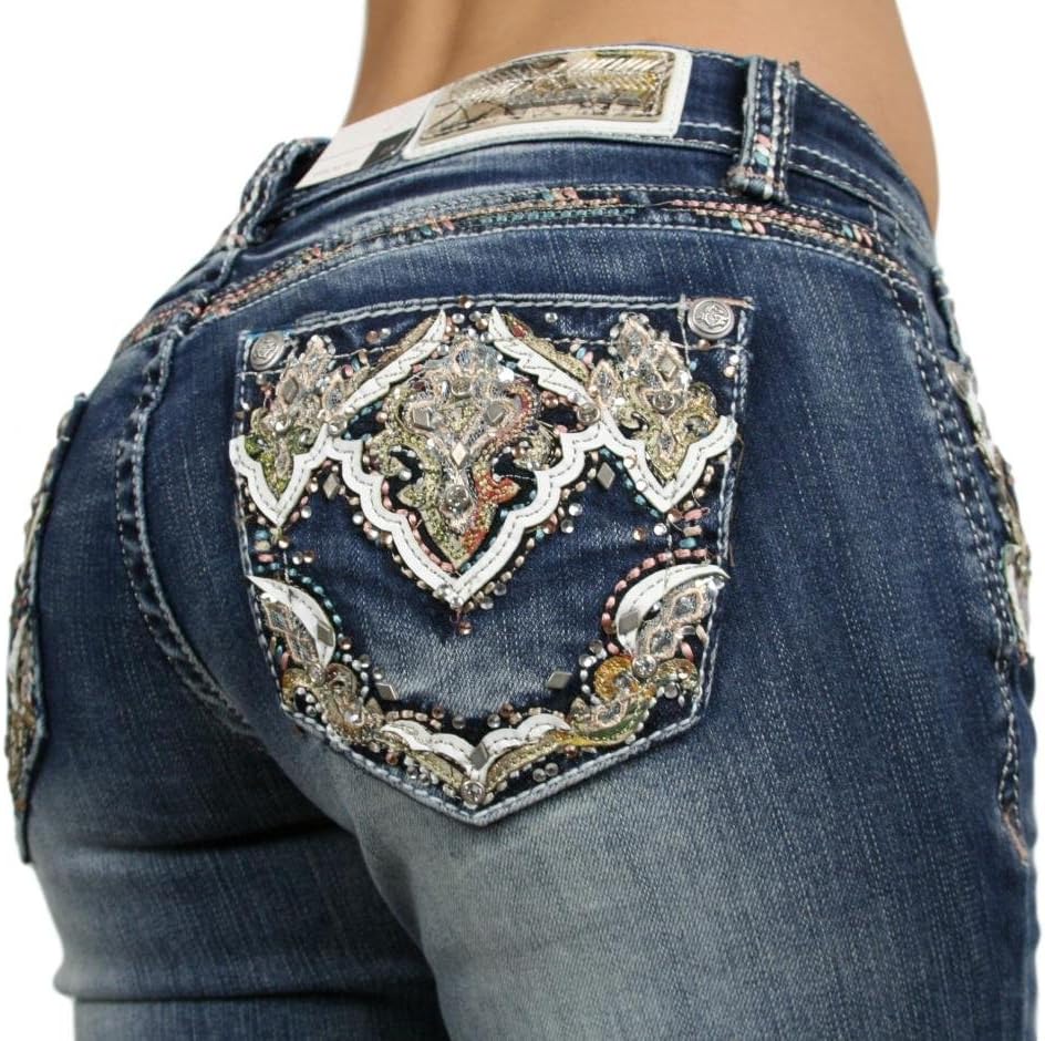 Grace in LA White Leather Rhinestone Medium Wash Boot Cut Jeans 25-31