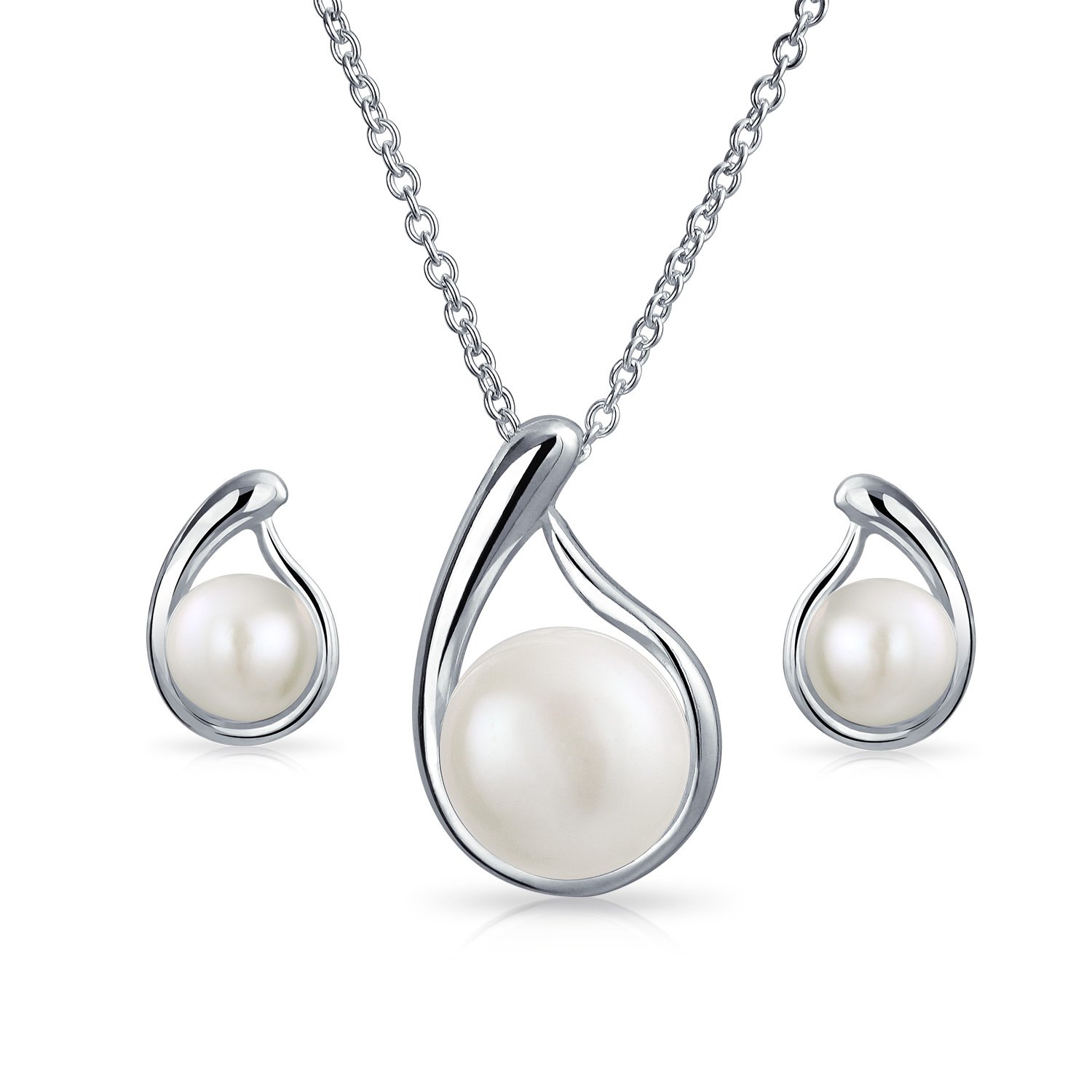 Wedding Simple White Freshwater Cultured Pearl Teardrop Pendant Necklace Stud Earrings Bridal Jewelry Set For Women .925 Sterling Silver