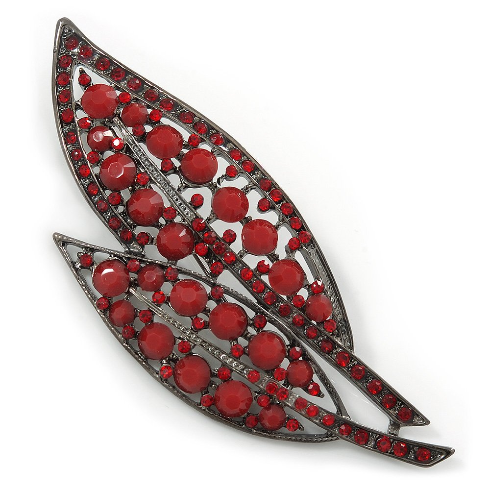 Large, Vintage Inspired Red Acrylic/Crystal Bead Two Leaf Brooch In Gun Metal Tone - 10cm L
