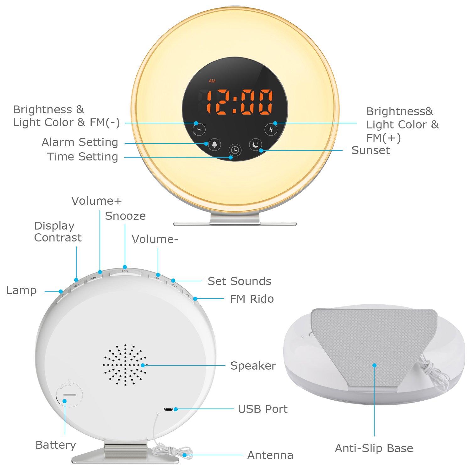Wake Up Light Alarm Clock,Lobkin Sunrise Simulator Digital Clock with 7 Colors Light,Nature Sounds with FM Radios,Touch Control and USB Charger