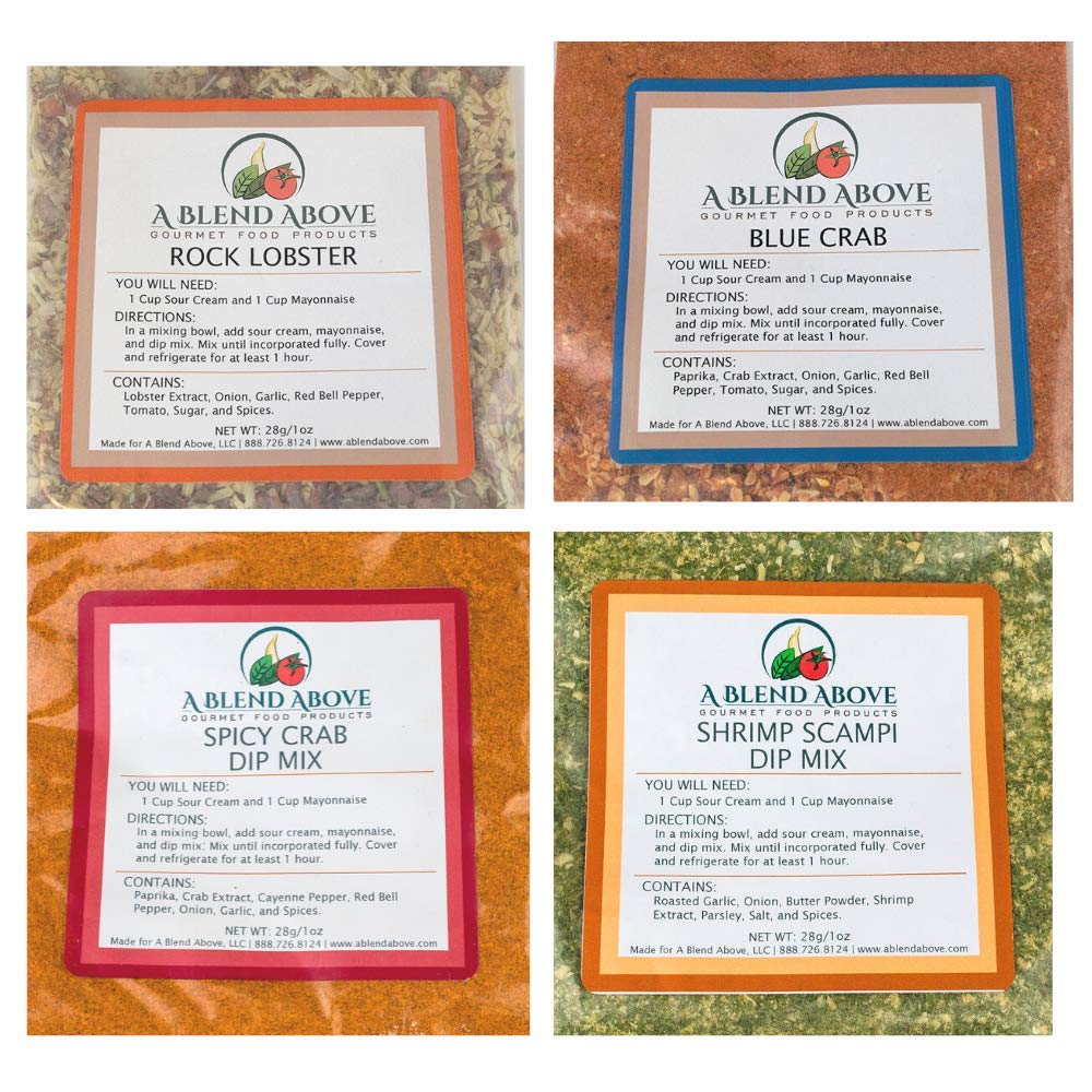 A Blend Above 4 Pack Seafood Lovers Dip Mix Seasonings Includes Rock Lobster, Spicy Crab, Blue Crab, and Shrimp Scampi