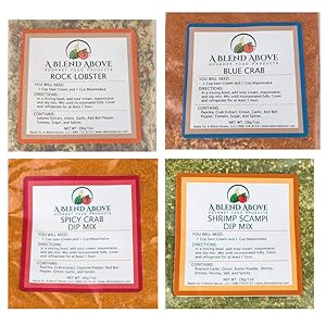 A Blend Above 4 Pack Seafood Lovers Dip Mix Seasonings Includes Rock Lobster, Spicy Crab, Blue Crab, and Shrimp Scampi