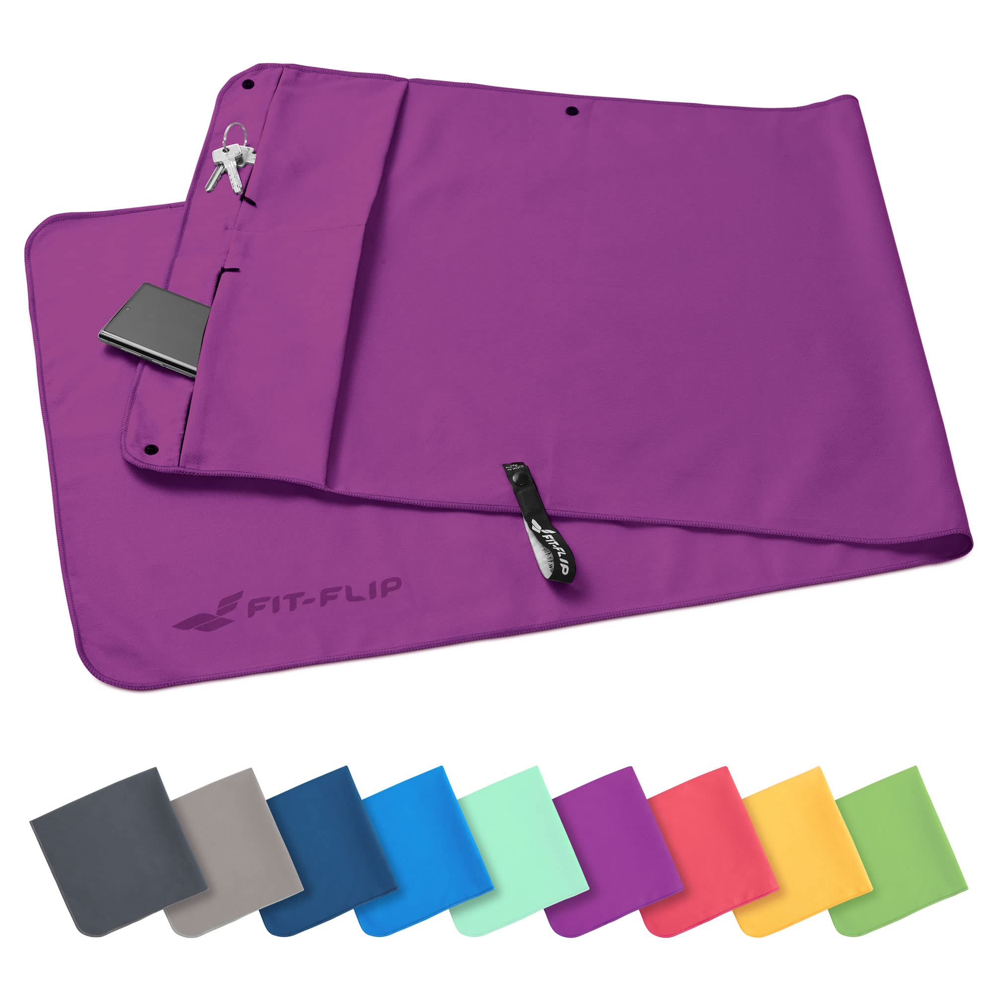Fit-Flip fitness towel - with magnet and zip pocket - Gym towel made of microfibre for sports and fitness - Compact & quick-drying - Sports towel gym – Purple