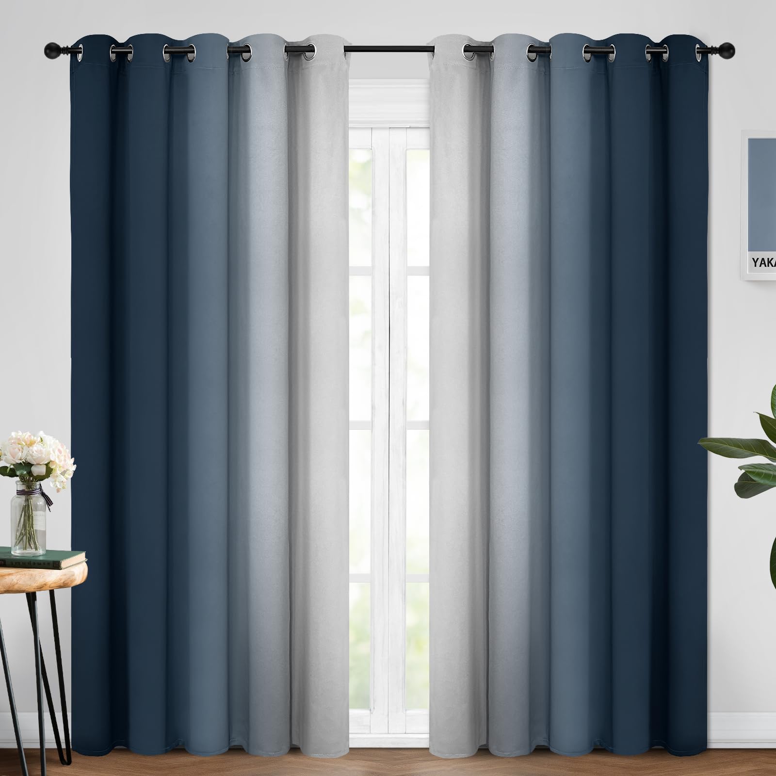 Yakamok Room Darkening Ombre Curtains 84 Inch Length, Navy Blue and Greyish White Thermal Insulated Gradient Color Curtains,Light Blocking Grommet Window Drapes for Bedroom,62 Inch Width,2 Panels Image