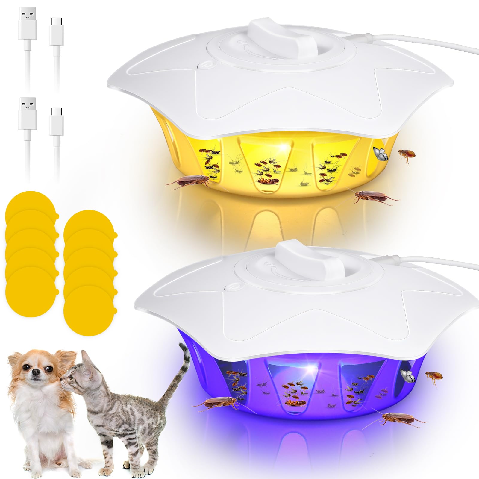 Photo 1 of 2 Pack Flea Trap with 10 Sticky Refill Discs, 4 Light Modes - Indoor & Outdoor Battery Operated Effective Electric Flea Sticky Trap, Fly, Moth, and Bed Bug Catcher for Carpet, White