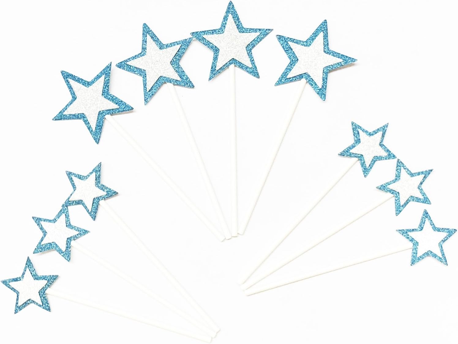 AILEXI Handmade 10 Counts Glitter Cake Decorating Toppers for cake cupcake and icecream - Light Blue/Silver Stars