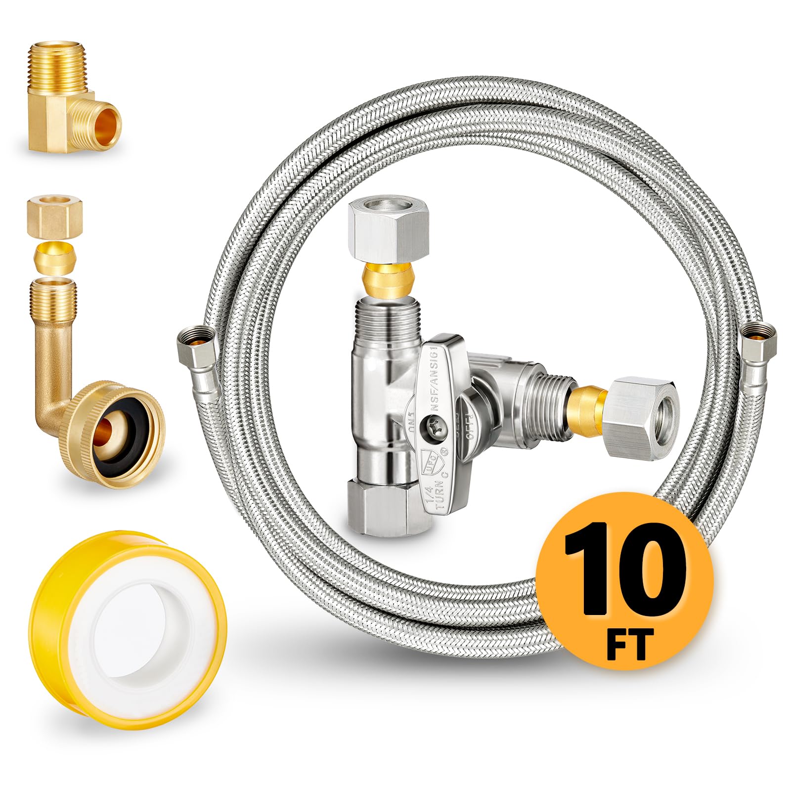 Photo 1 of Dishwasher Hose Installation Kit - Includes Water Supply Line, 3/8" Compression Water Splitter, 3/4" FHT Elbow, and 3/8" MIP Elbow (10 FT)