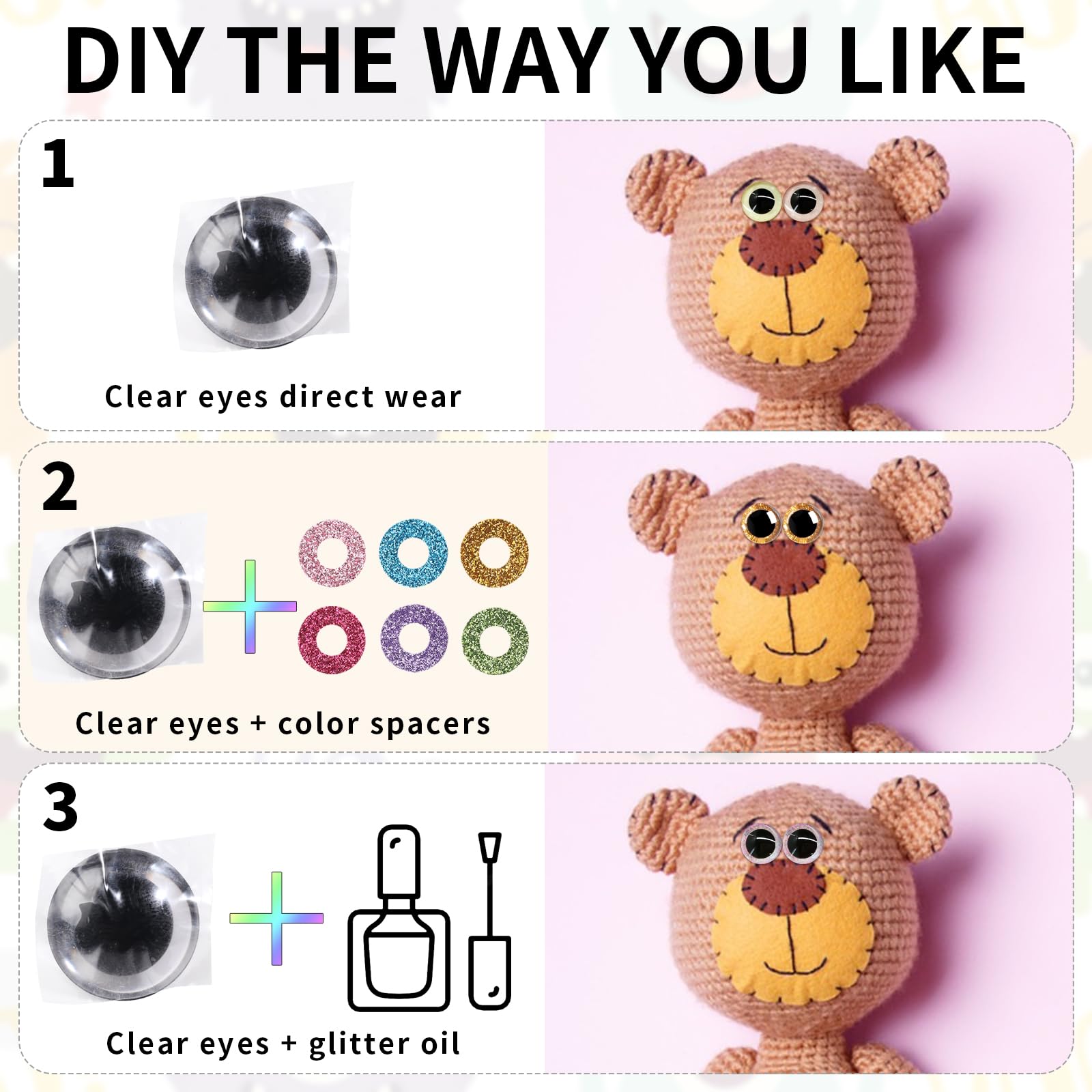 MUCUNNIA 120pcs 16mm 3D Glitter Plastic Safety Eyes for Amigurumi Trapezoid Craft Crochet Doll Eyes with Washers Stuffed Animal Eyes for DIY of Puppet, Bear Plush Animal(6 Colors)
