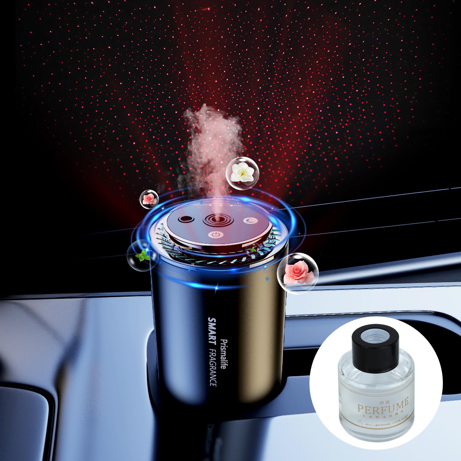 Photo 1 of Smart Car Air Freshener, Rechargeable Car Air Freshener Diffuser with Starlight Projector & Atmosphere Light, Adjustable Car Freshener with Ultrasonic Tech & Auto On/Off, 50ml Perfume Included