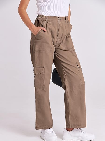 ANRABESS WOMEN’S CARGO PANTS HIGH WAISTED BAGGY MULTIPLE POCKETS CASUAL TRENDY FASHION RELAXED FIT Y2K TROUSERS BROWN SMALL