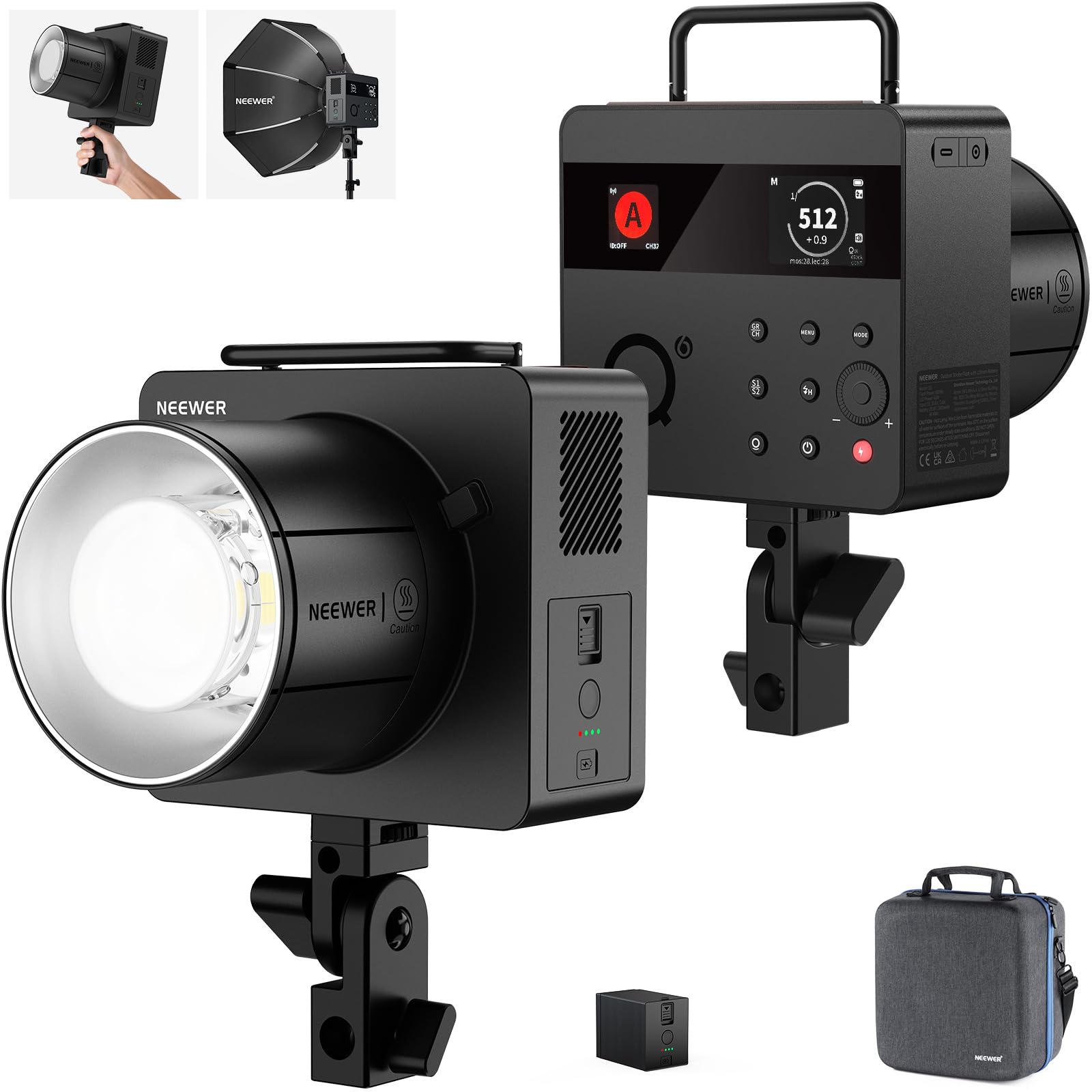 Photo 1 of NEEWER Q6 600Ws 2.4G TTL Outdoor Studio Flash with App Control, 1/1 to 1/512, 1/8000 HSS 3000mAh Battery Strobe Light Photography, 30W Bi Color LED Modeling Lamp/400 Full Power Flash/0.01-0.9s Recycle