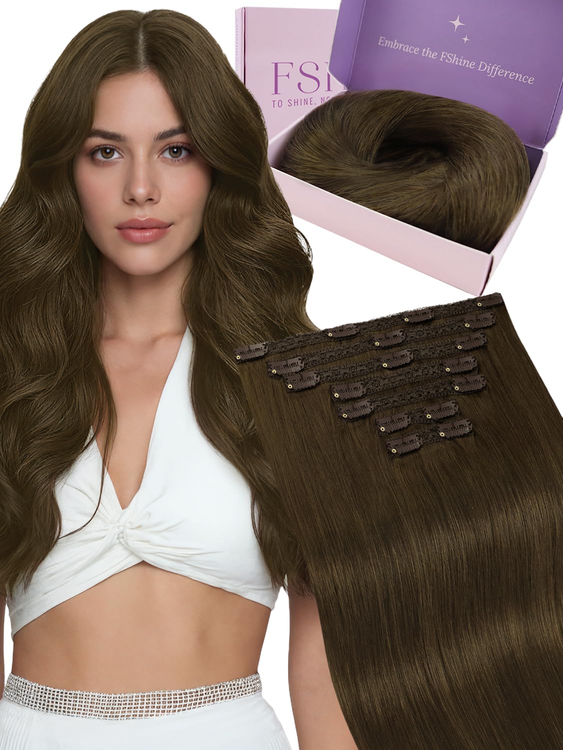 Fshine Human Hair Extensions Clip ins 16 Inch 105g 7PCS Dark Brown Clip in Real Human Hair Straight Remy Hair Clip in Hair Extensions for Women