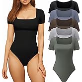 CE' CERDR Women’s 5 Pack Short Sleeve Bodysuits Square Neck T-shirt Basic Casual Tops Body suit