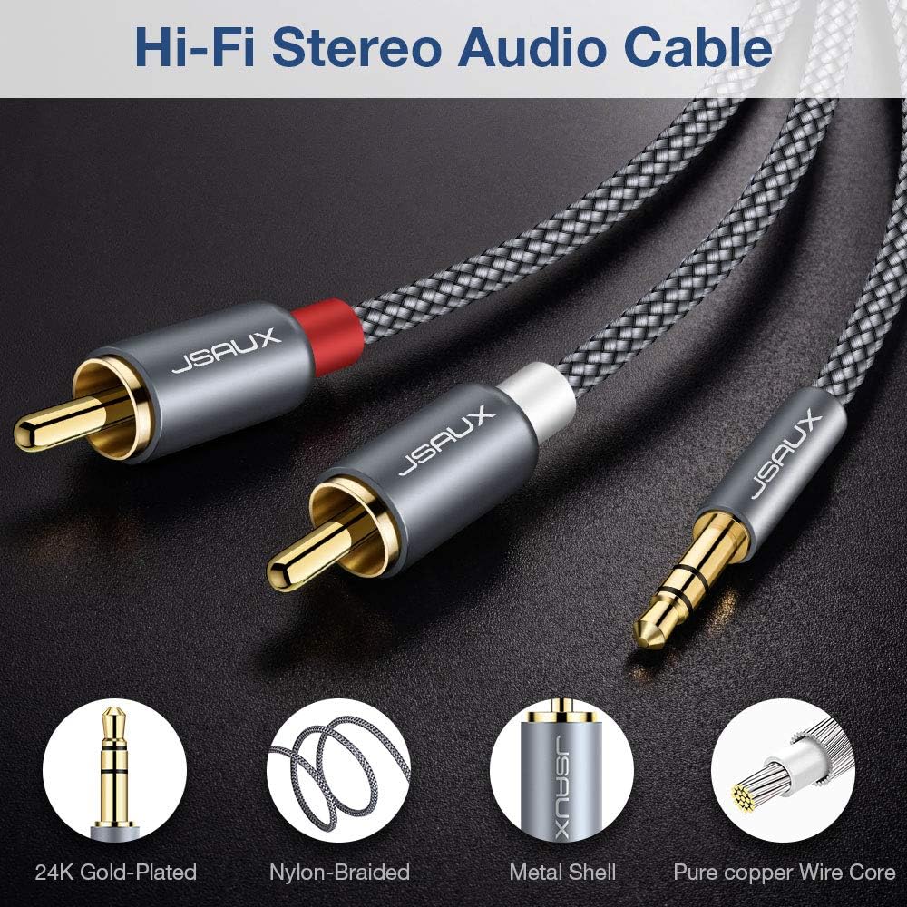 JSAUX RCA Cable, [4ft/1.2M, Dual Shielded Gold-Plated] 3.5mm Male to 2RCA Male Stereo Audio Adapter Cable Nylon Braided AUX RCA Y Cord for Smartphones, MP3, Tablets, Speakers, HDTV [Grey]: Industrial & Scientific