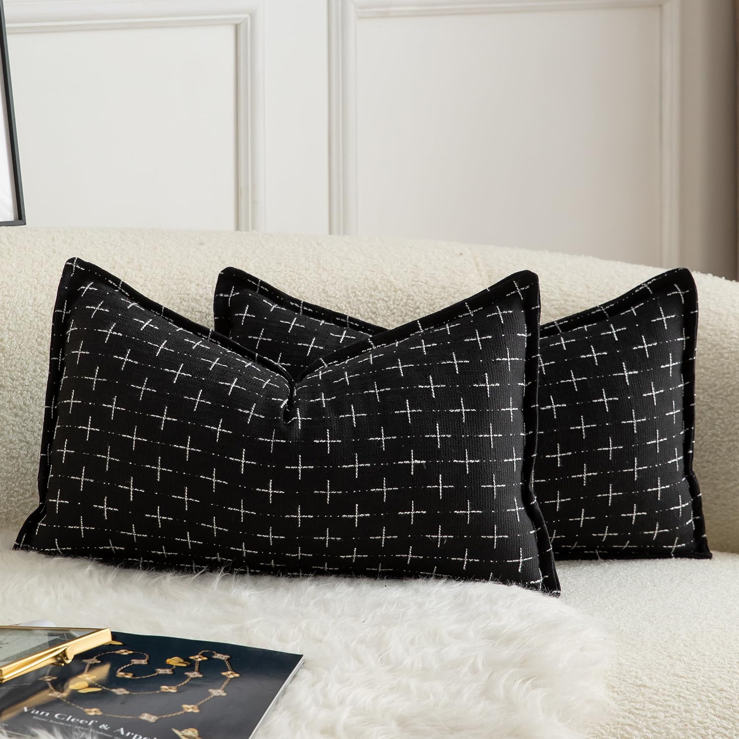 Mandioo Pack of 2 Burlap Linen Cushion Covers Woven Textured Modern Farmhouse Throw Pillow Cases Decorative Couch Sofa Bed Living Room 12 x 20 Inch 30x50 cm Black