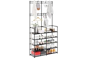 UDEAR 5-Tier Coat and Shoe Rack, Entryway Coat Rack with 8 Hooks, Double Row Shoes Organizer for Living Room, Bedroom, Office