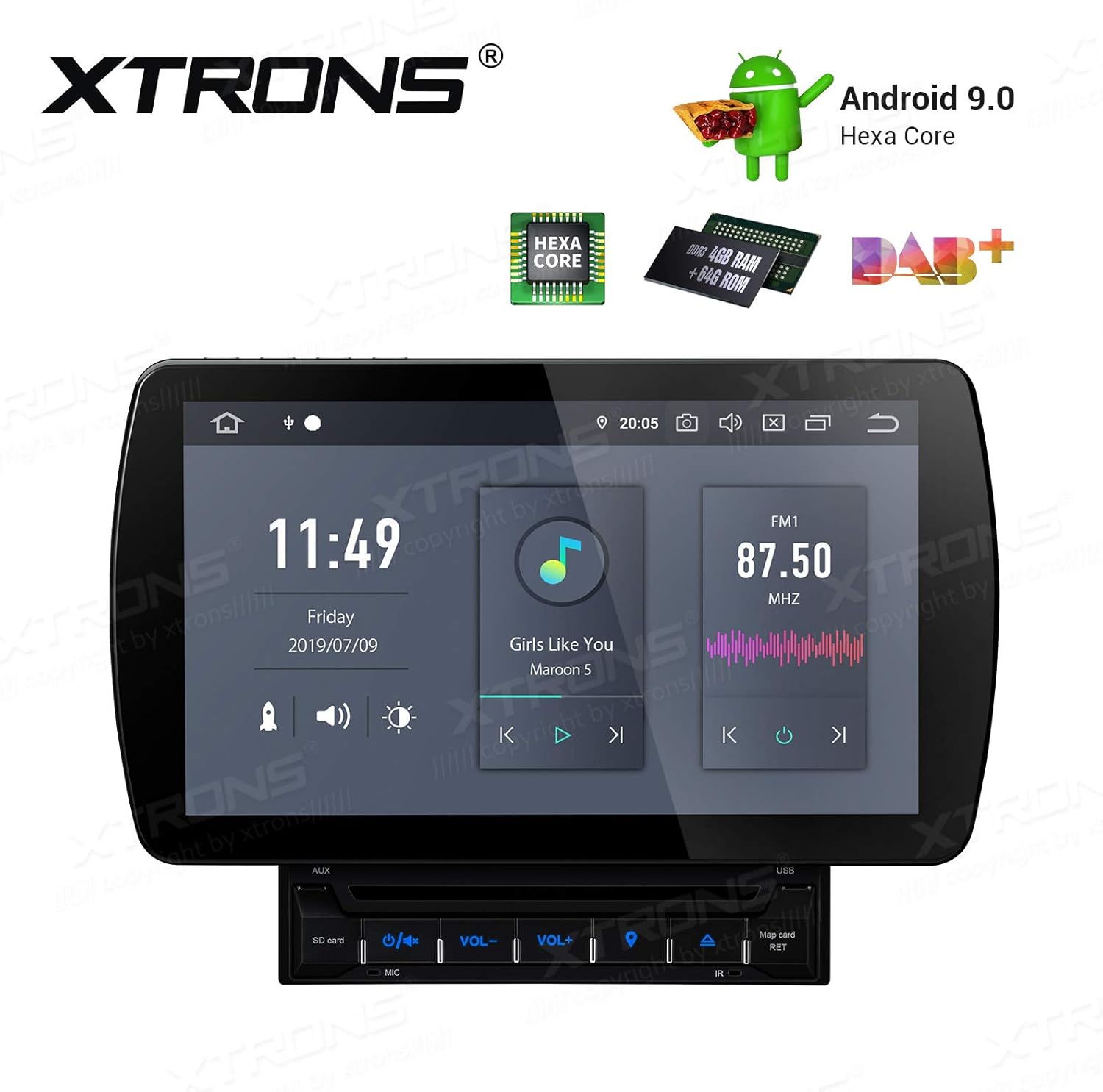 XTRONS 10.1 Inch Android 9.0 Double Din Car Stereo Radio DVD Player Hexa Core 4G RAM 64G ROM GPS Navigator Touch Screen Adjustable Viewing Angles Head Unit Supports WiFi Backup Camera OBD2 DVR TPMS