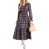 Women's Classic Plaid Ruffle Maxi Dress V Neck Long Sleeve Smocked Waist Fall Casual Dresses
