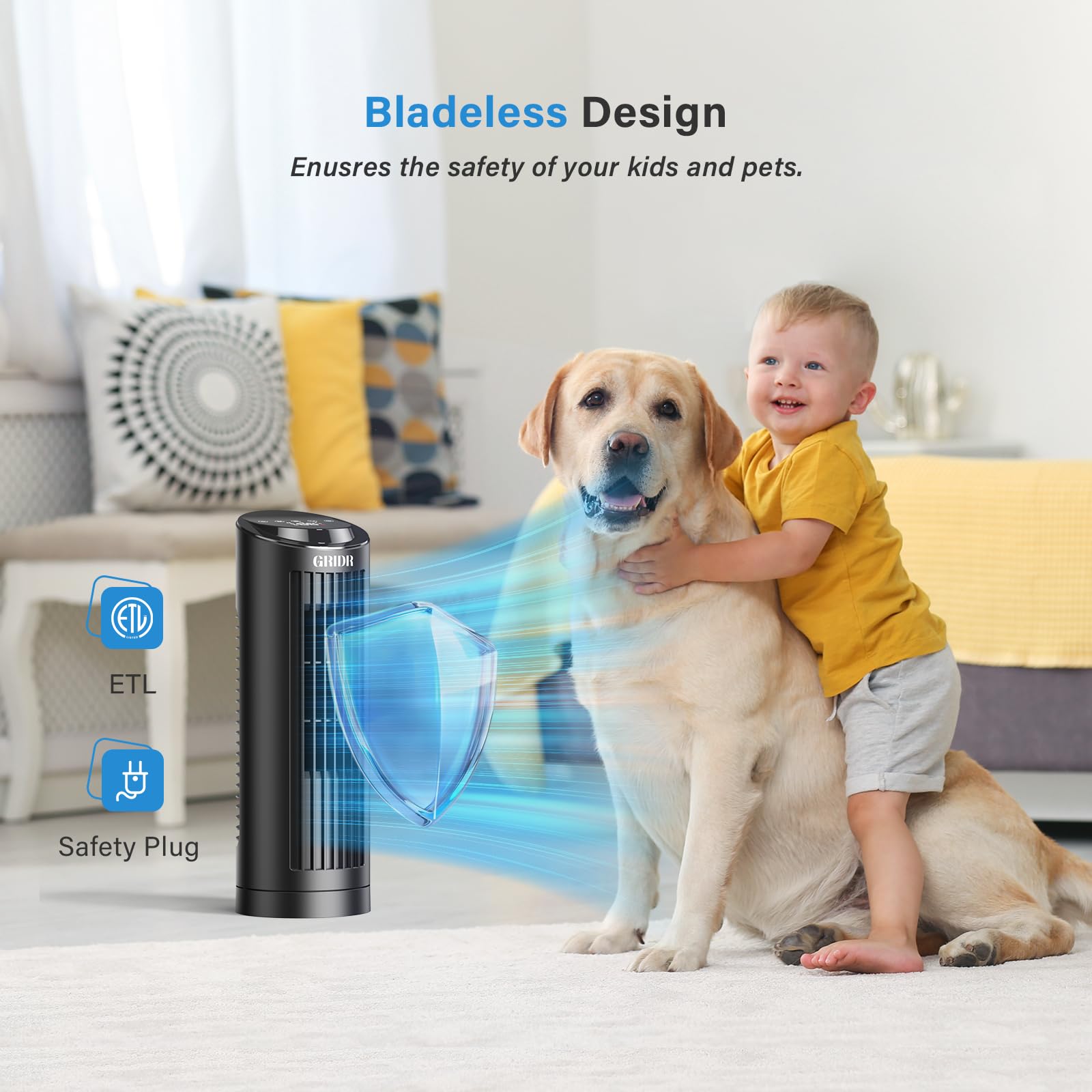 Tower Fan Bladeless with 3 Speeds, 4 Mode [AI, Normal, Natural, Sleep], Table Fan 80° Oscillation, Touch Screen + Remote Control, 12H Timer, 13