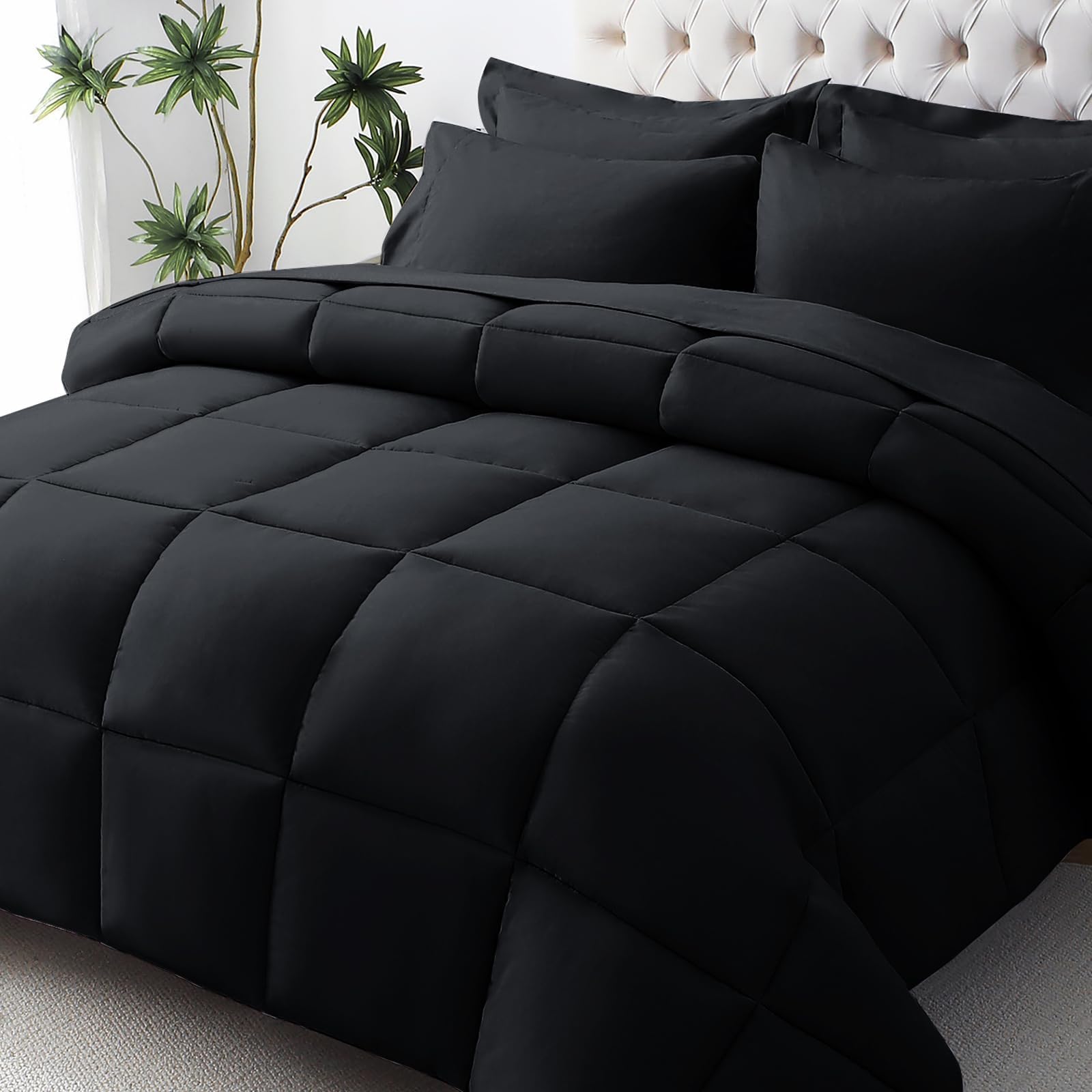 Photo 1 of JOLLYVOGUE Queen Comforter Set, Ultra-Soft Bed in a Bag Queen Size 7 Pieces, Oeko-TEX Certified Bedding Set with Down Alternative Comforter, Sheets, Pillowcases & Shams, Black