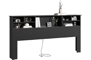 AYEASY King Size Headboard only for Bedroom, Stylish King Bookcase Headboard with Built-in Charging Station & 2 LED Lights, Noise-Free Wood HeadBoard with Storage, Bookshelf Headboards Black