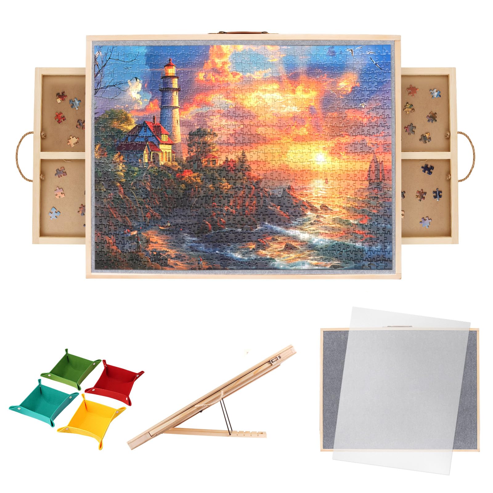 Photo 1 of 1500 Piece 2-in-1 Tilting & Rotating Puzzle Board with Drawers?35x27 inch Adjustable 5 Angle Jigsaw Puzzle Board with Cover & 4 Puzzle Sorting Trays, Gifts for Mom Dad Puzzle Lovers