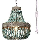 Newrays Wood Bead Chandelier Pendant Bohemian Boho Beachy Ceiling Lamp Light Fixtures (Gray Blue-Small Plug in, 13.58 in*15.7