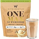 VitaHustle ONE Max Protein + 5g Creatine, 30g Plant Protein Powder, All-in-One Meal Replacement Shake with Greens, Adaptogens, Ashwagandha, Probiotics & Vitamins – Vanilla Ice Cream, 15 Servings