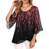 Lotusmile Womens Tops Dressy Casual 3/4 Sleeve Asymmetrical Chiffon Blouses