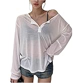 SHENHE Women's Casual Long Sleeve Sheer Henley Shirt Button Up See Through Tee Going Out Top