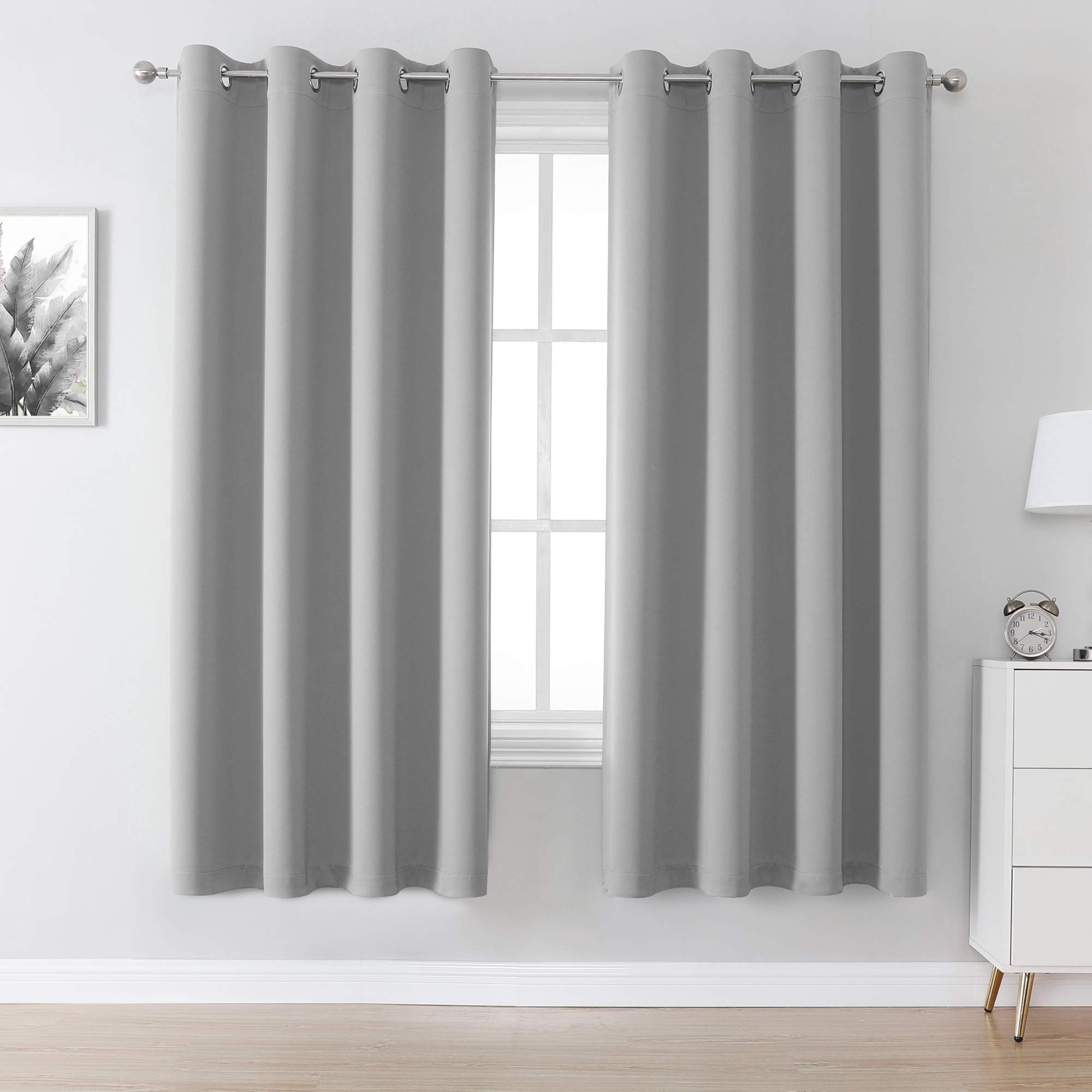 DUALIFE Grey Room Darkening Blackout Curtains Solid Thermal Insulated Grommet Curtain Panels for Bedroom Living Room, 52W x 63L, Light Grey,Set of 2 Panels