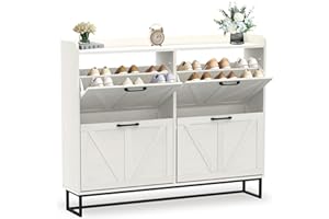 BTDWI Hidden Shoe Storage Cabinets with 4 Flip Drawers and Metal Legs, Freestanding Narrow Shoe Organizer Rack for Entryway, White