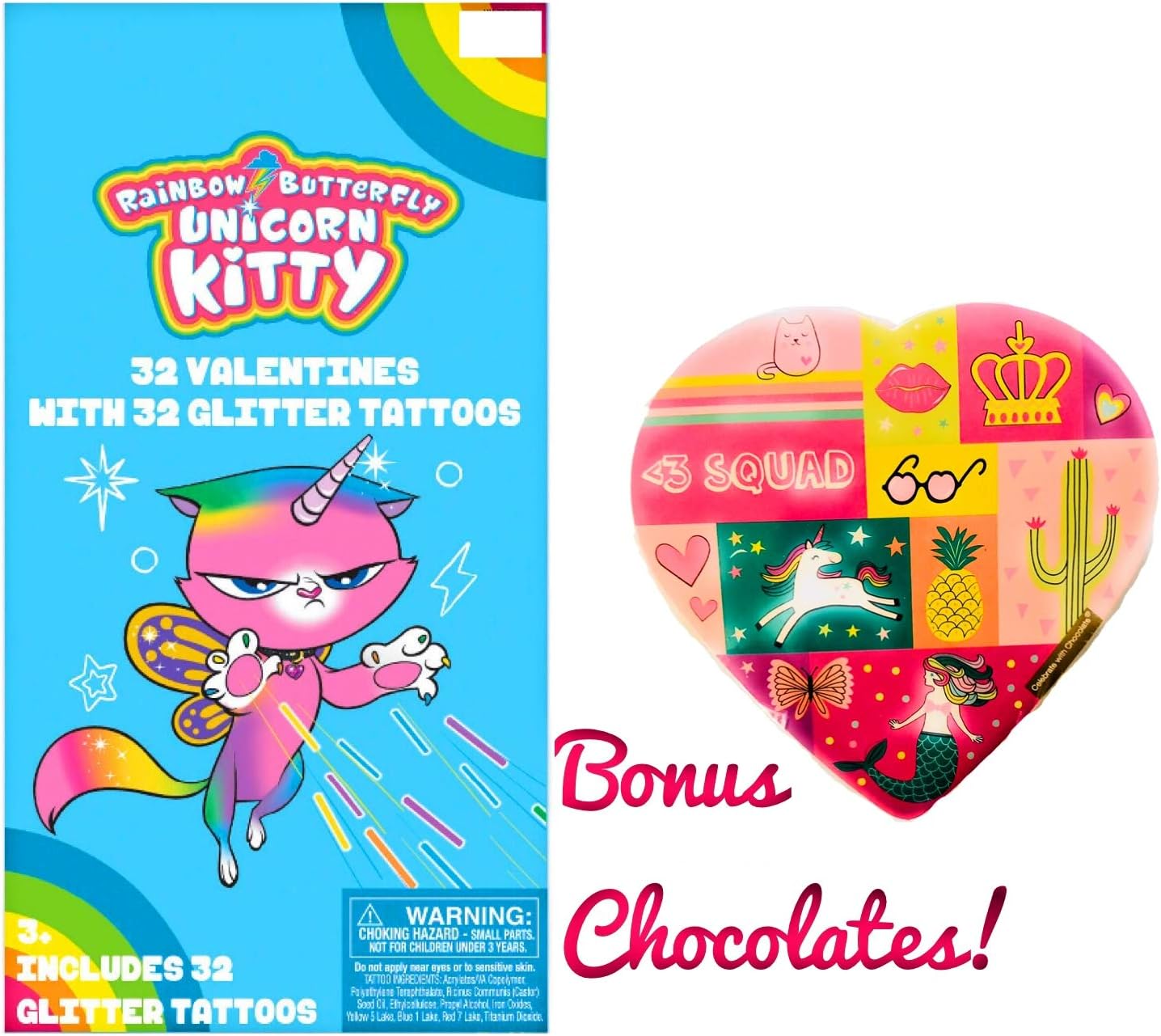 Cupids Kids Valentines Day Cards Unicorn Rainbow Butterfly Kitty with Glitter Tattoos 32 Count with Bonus Unicorn Squad Box of Chocolates Bundle