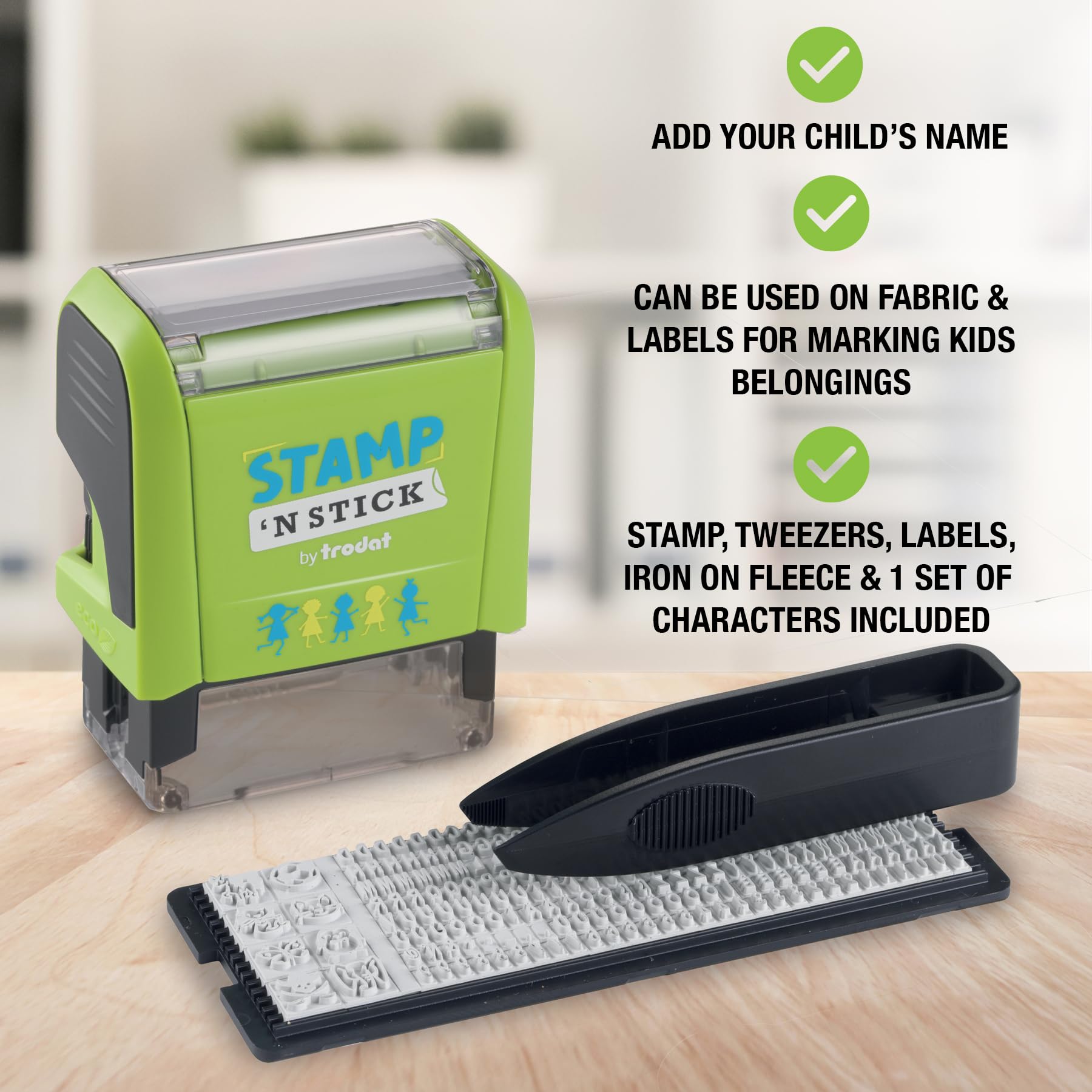 Trodat Stamp 'N Stick Clothes and Personal Belongings DIY Stamper, English Text with Special Characters – 3 Lines – Dermatologically Tested Ink, Dishwasher and Washing Machine Safe Ink