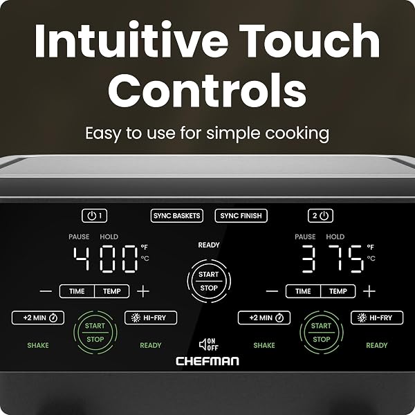 CHEFMAN 6 QUART DUAL BASKET AIR FRYER OVEN WITH EASY VIEW WINDOWS, SYNC FINISH, HI-FRY, AUTO SHUTOFF, 2 INDEPENDENT 3QT NONSTICK DISHWASHER SAFE FRYING BASKETS, DIGITAL DOUBLE AIR FRYER – BLACK