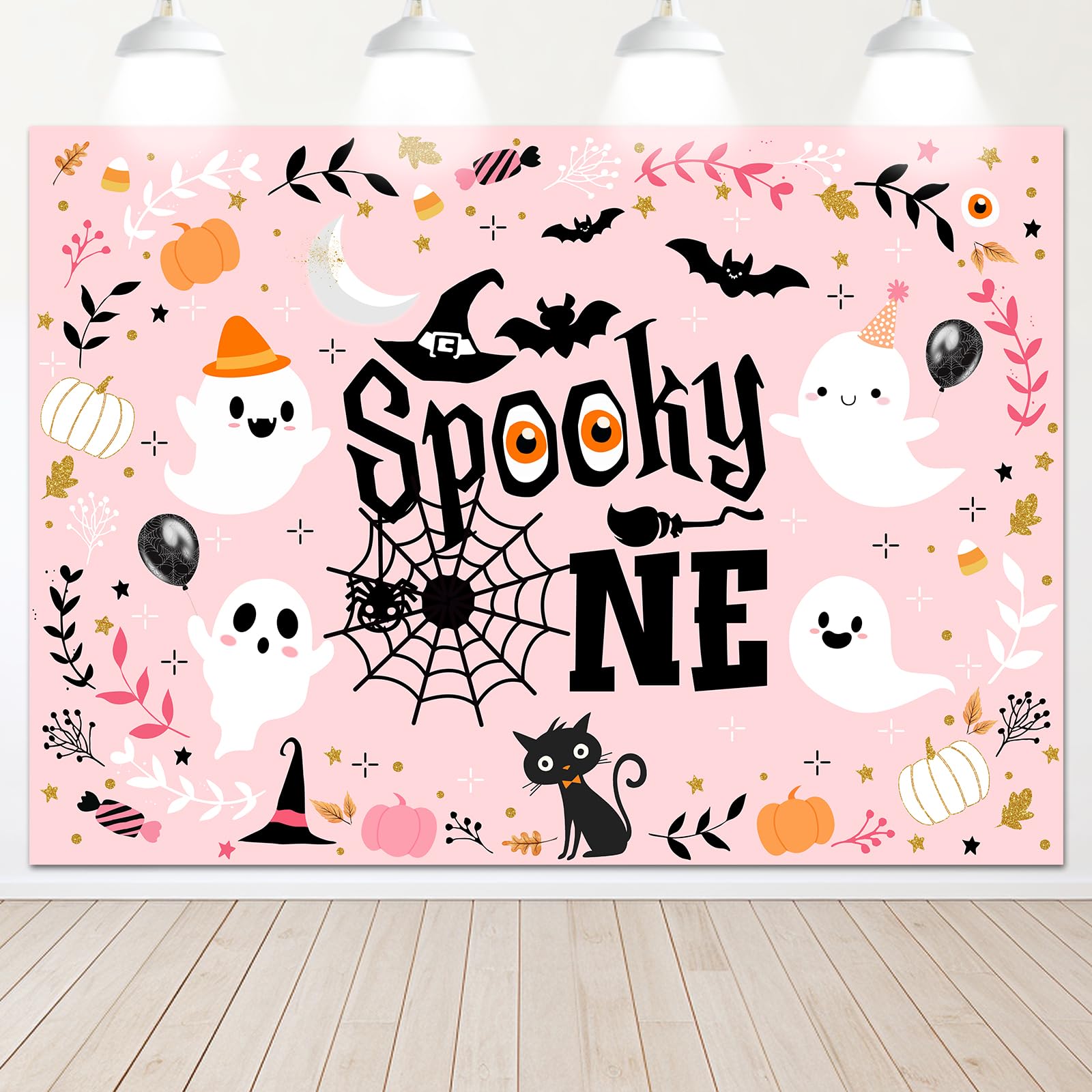 Photo 1 of Mocsicka Spooky One Backdrop Pink Ghost Girl 1st Birthday Background Cute Ghost Spooktacular Halloween First Birthday Party Decorations Banner Photo Studio Props (7x5ft)