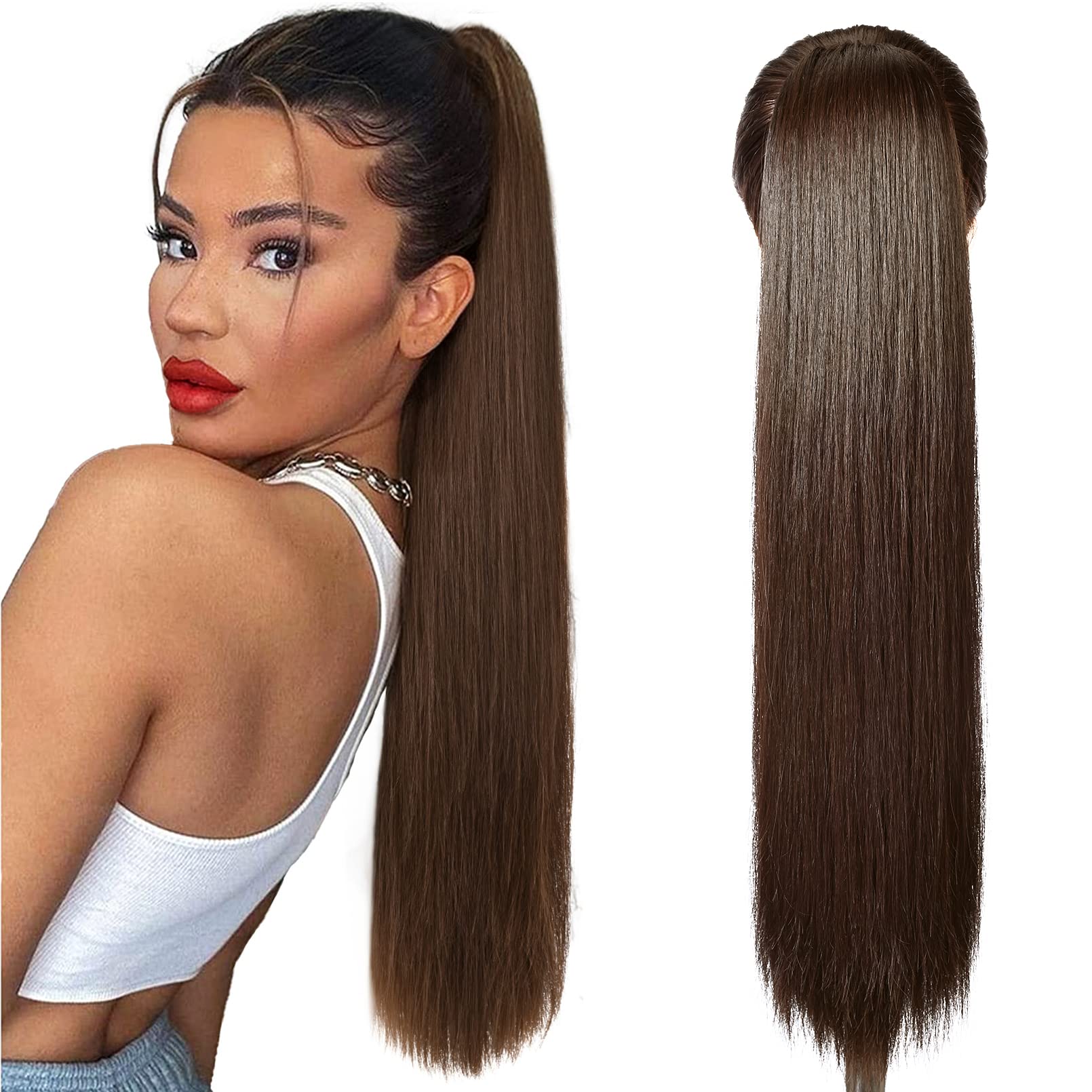 Photo 1 of SEIKEA 28" Ponytail Extensions Drawstring Long Straight Fake Pony Tail Natural Soft Clip in Hair Extension Synthetic Heat Resistant Hairpiece - Dark Chocolate Brown